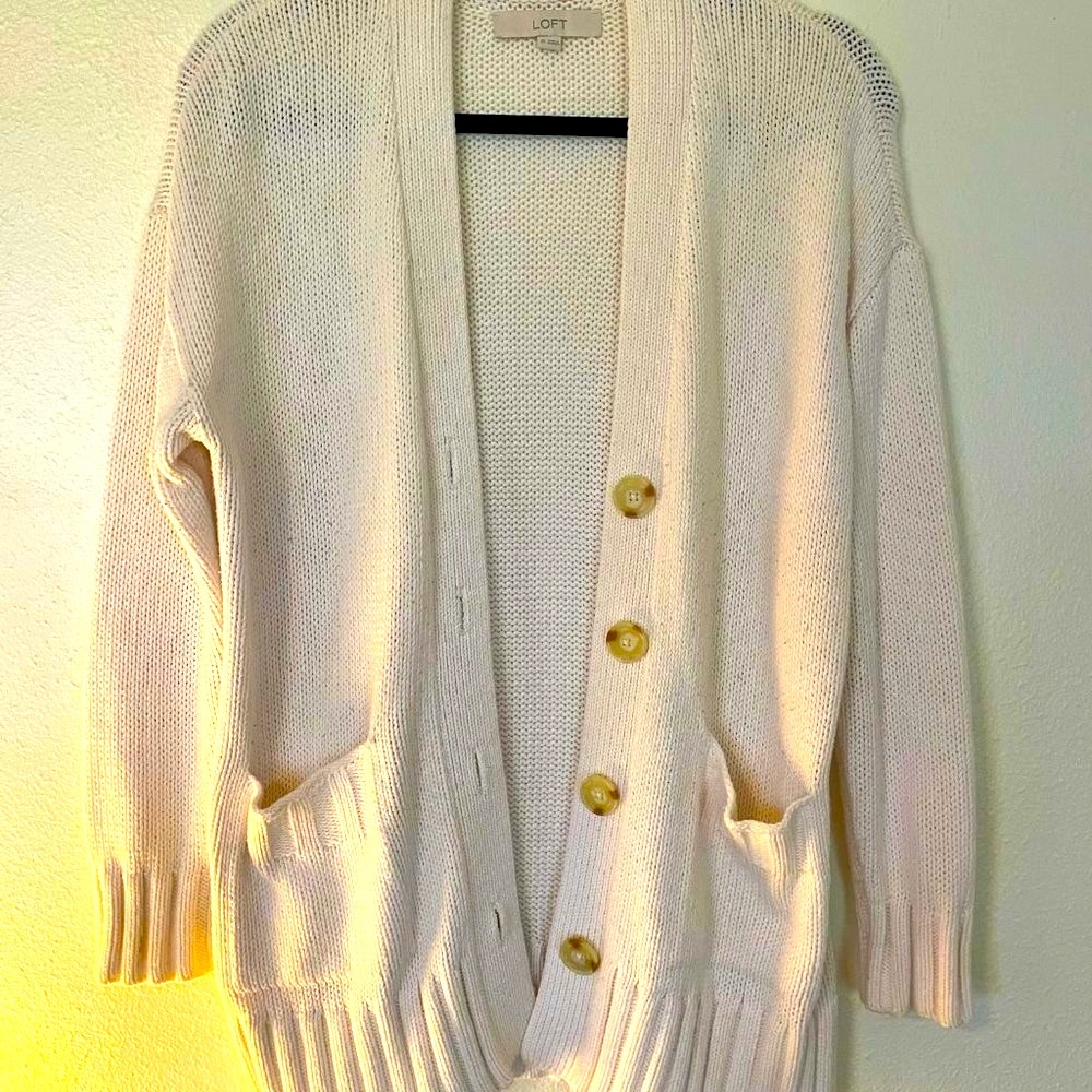 LOFT Cream Button-Front Open Knit Cardigan